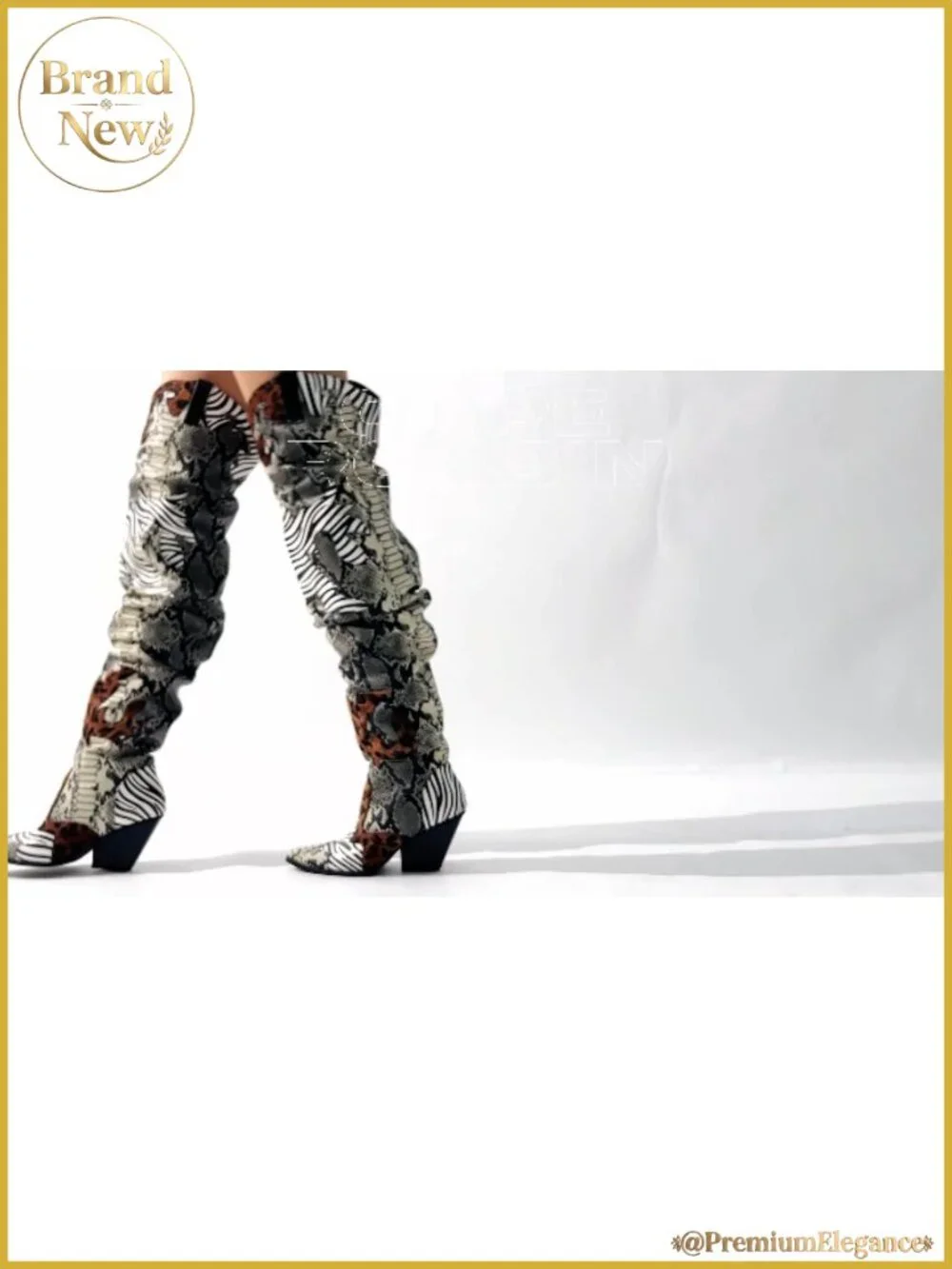 Faux Snakeskin Thigh High Western Boots Chunky Heel Pointed Toe